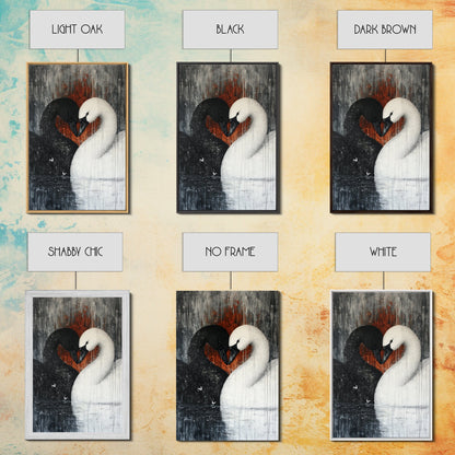 Two Swans in Love, Framed Canvas Print, Goth Decor, Wedding Gift Idea, Engagement Gift, Gift For Couples, Swan Painting, Swan Art