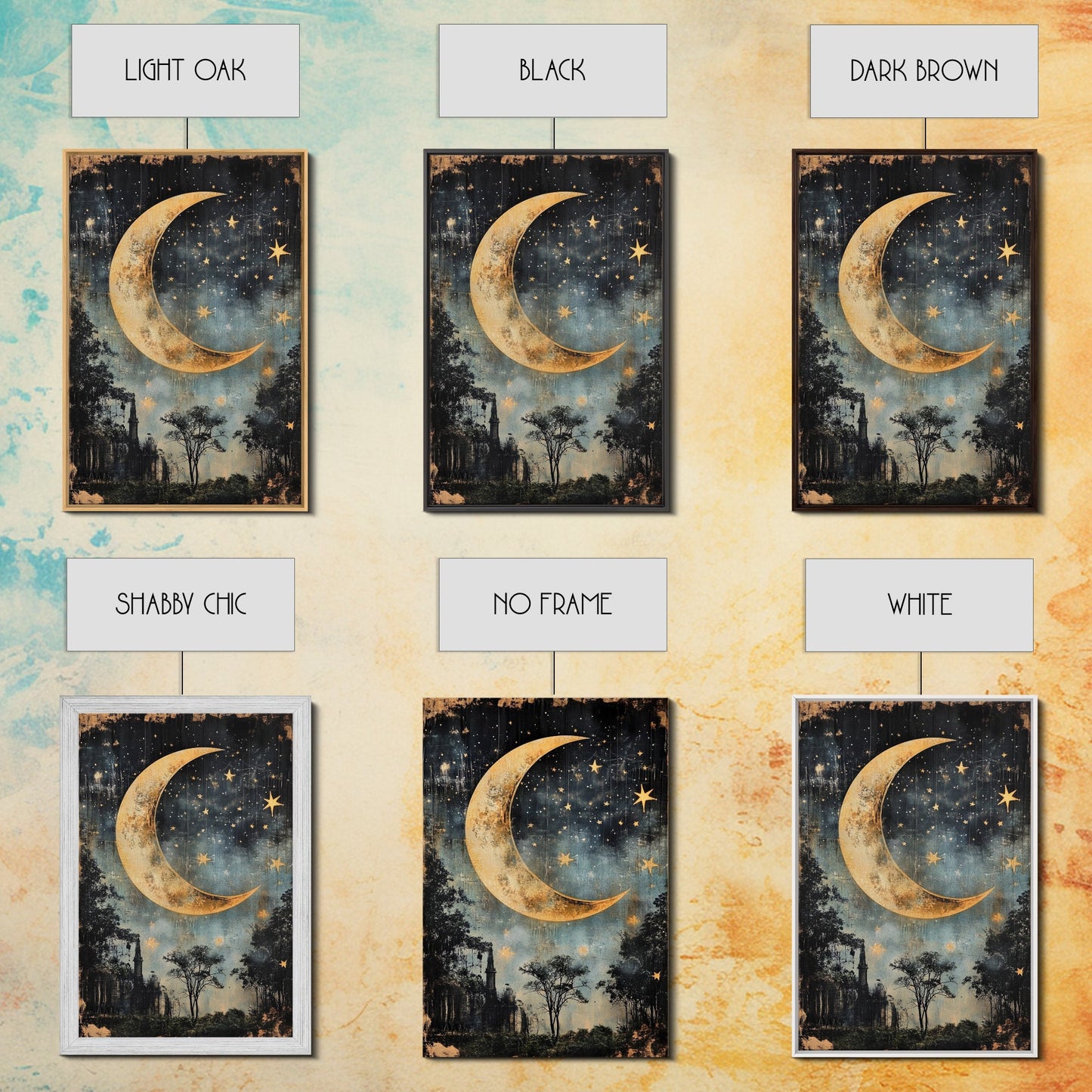 Mystical Moon Painting Print, Folk Art Canvas Print, Eerie Atmospheric Wall Art, Subdued and Moody Home Decor, Crescent Moon Painting