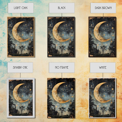Mystical Moon Painting Print, Folk Art Canvas Print, Eerie Atmospheric Wall Art, Subdued and Moody Home Decor, Crescent Moon Painting