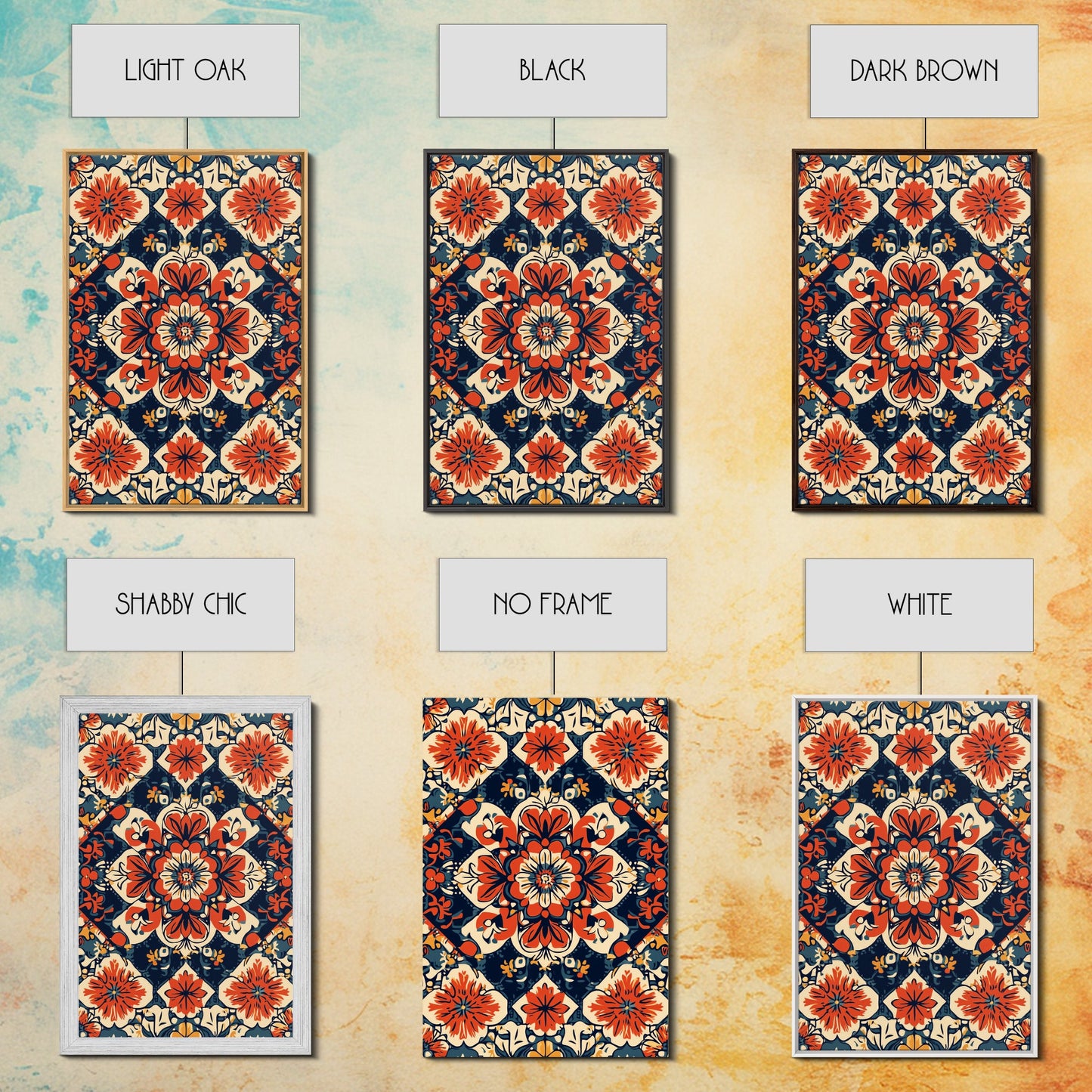 Floral Pattern Wall Art, Mexican Tile Pattern Framed Canvas Print, Chicano Art, Textile Inspired Wall Art, Southwestern Pueblo Style Art