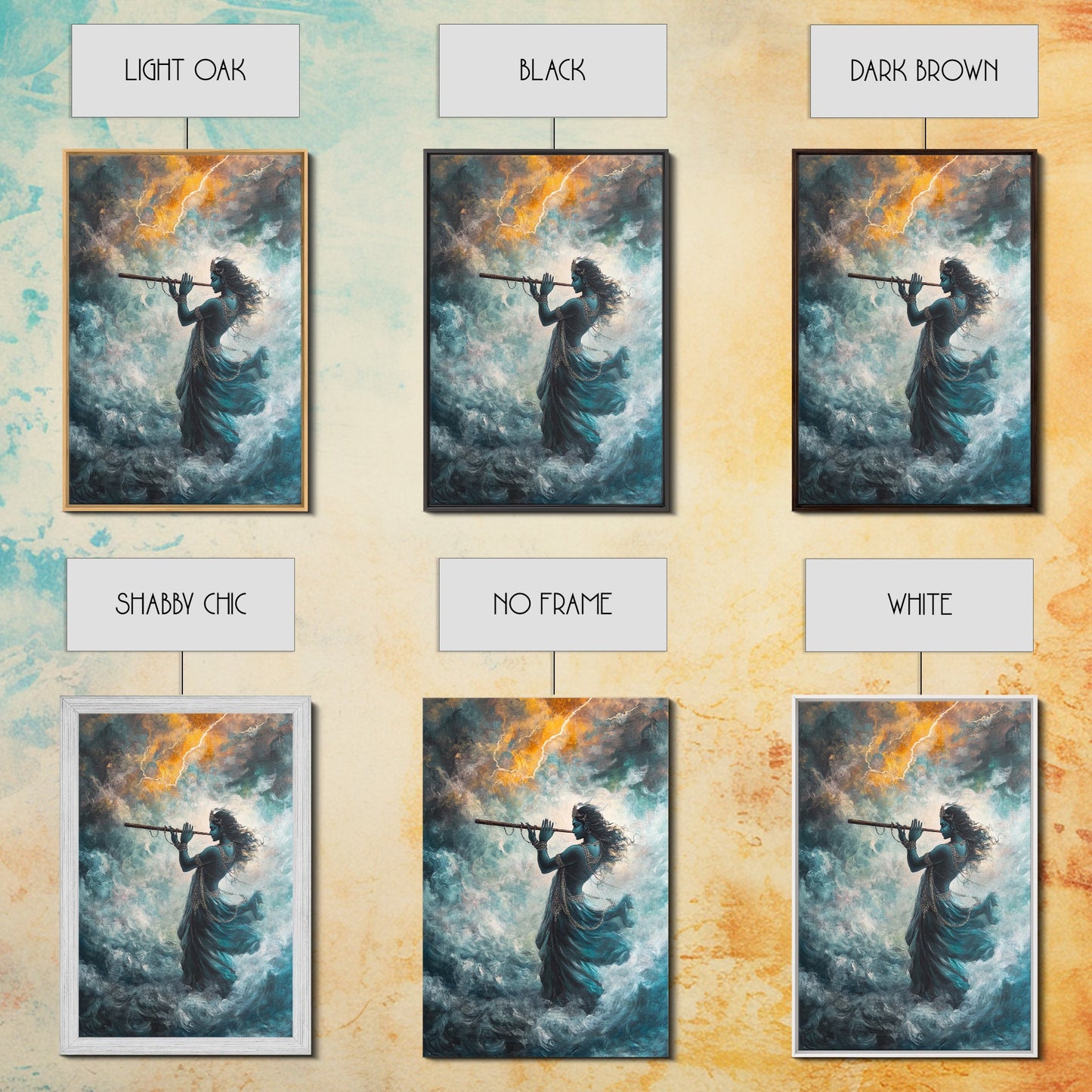 Hindu Art, Radha Krishna Playing Flute Painting Print, Hinduism Wall Art Wood Framed Canvas Print