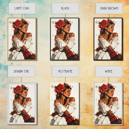 Mexican Floral Latina Portrait Canvas Print, Romatic Mariachi Wall Decor, Southwestern Modern Art, Rustic Mexicano Wall Art, Chicano Painting