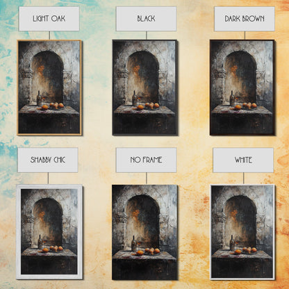 Medieval Kitchen Wall Art, Rustic Home Decor, Framed Canvas Print, Kitchen Home Decor, Dining Room Wall Art, Wine and Fruit Still Life Painting