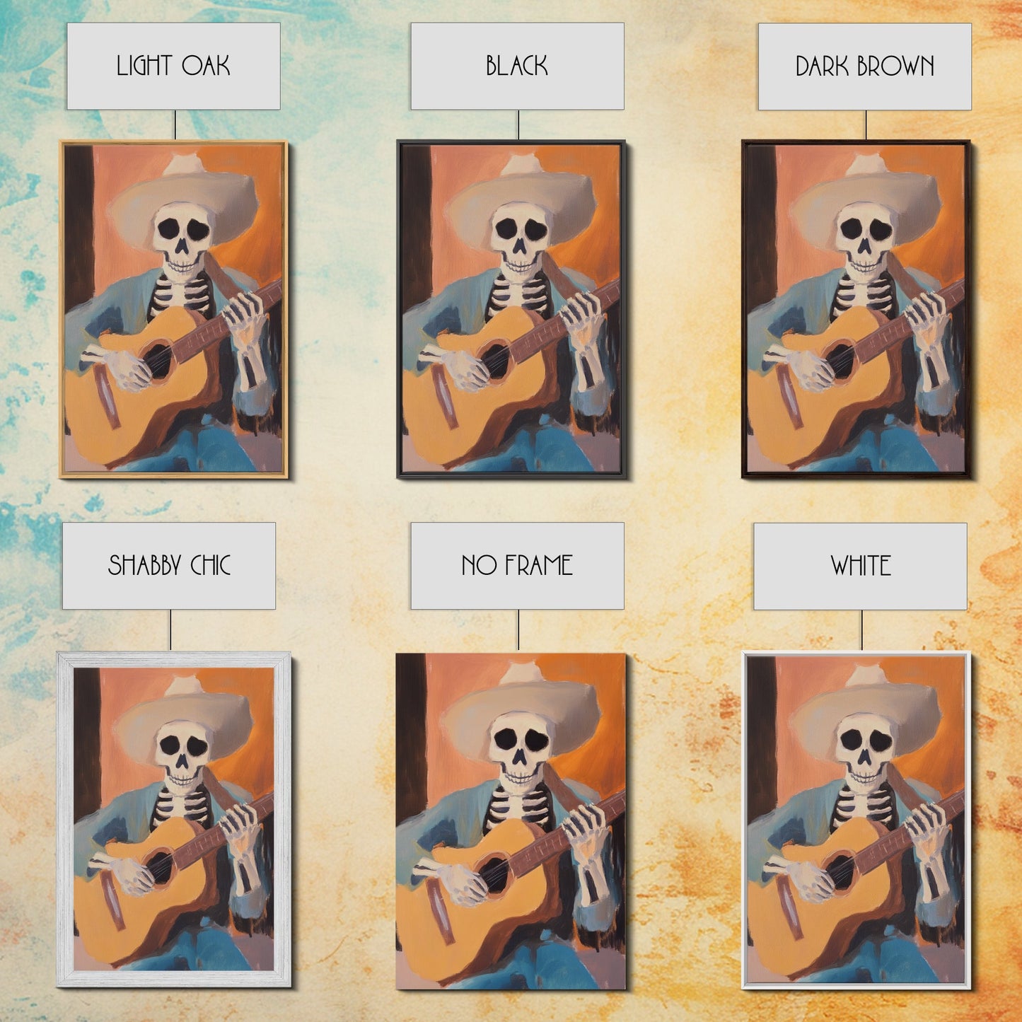 Canvas Print of a Sekelton Cowboy Guitar Player - Chicano Art - Wood Framed Canvas - Original Art