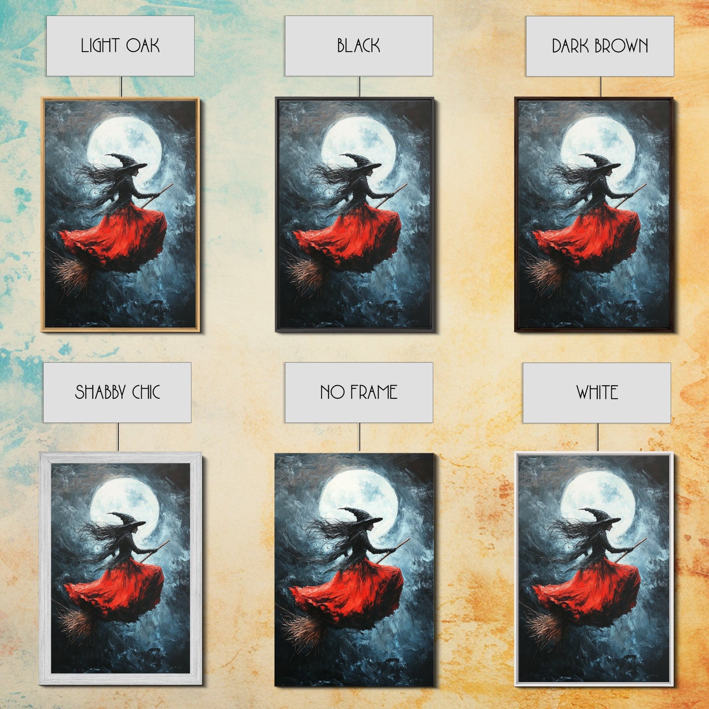 The Witch Rides her Broom under a full moon - Framed Canvas Print - Witchy Decor - Witch Painting - Halloween Wall Art