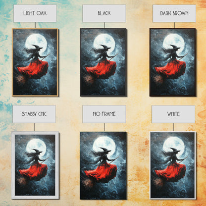 The Witch Rides her Broom under a full moon - Framed Canvas Print - Witchy Decor - Witch Painting - Halloween Wall Art