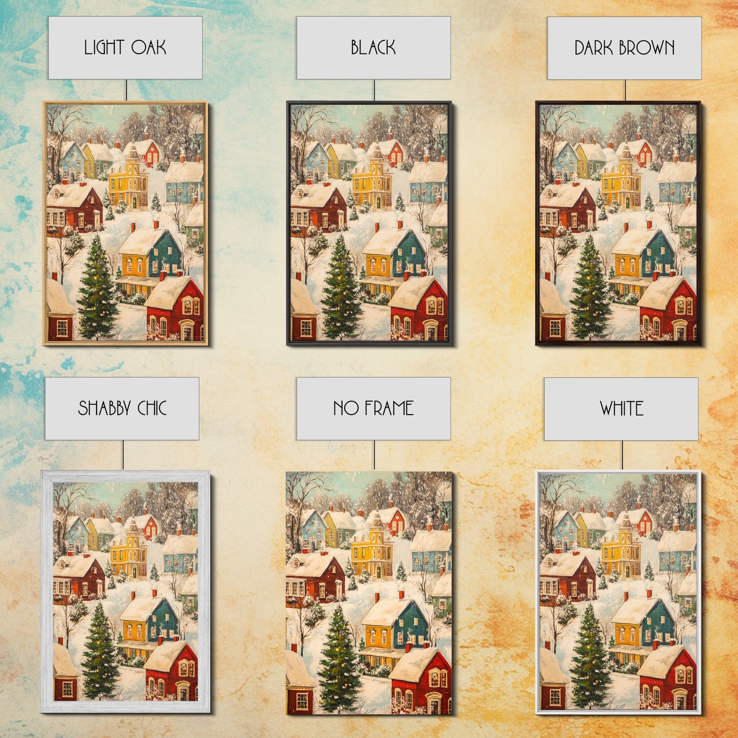 Retro Christmas Village Wall Art For Above Mantle, Framed Canvas Print, Christmas Home Decor, Christmas Wall Art, Christmas Postcard Art