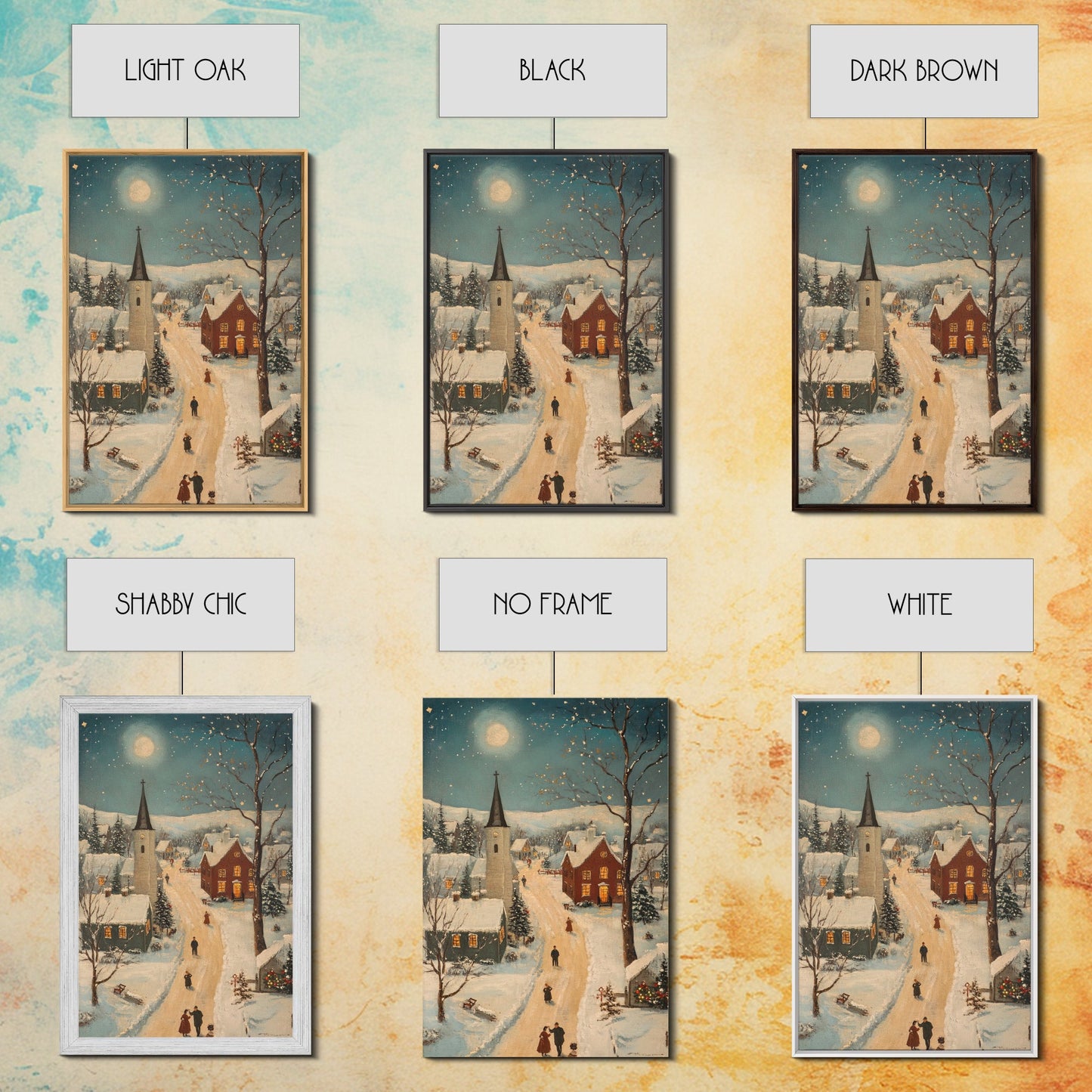 Full Moon on Christmas Even, Framed Canvas Print, Vintage Christmas Oil Painting Print, Christmas Village Wall Art, Christmas Sign, Christmas Art