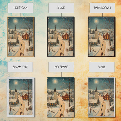 Full Moon on Christmas Even, Framed Canvas Print, Vintage Christmas Oil Painting Print, Christmas Village Wall Art, Christmas Sign, Christmas Art