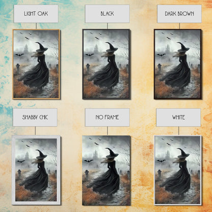 Gothic Oil Painting Print Of a Witch in a Grave Yard, Framed Canvas Print, Dark Academia, Gothic Art, Goth Decor, Halloween Wall Art