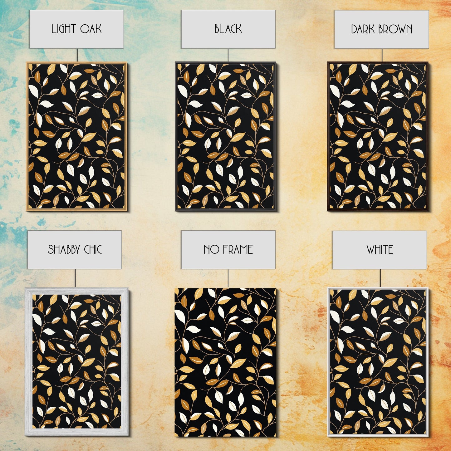 Ivy Leaves Framed Canvas Print, Mid Century Modern Pattern art, Botanical Print, Botanical Wall Art, Black Background