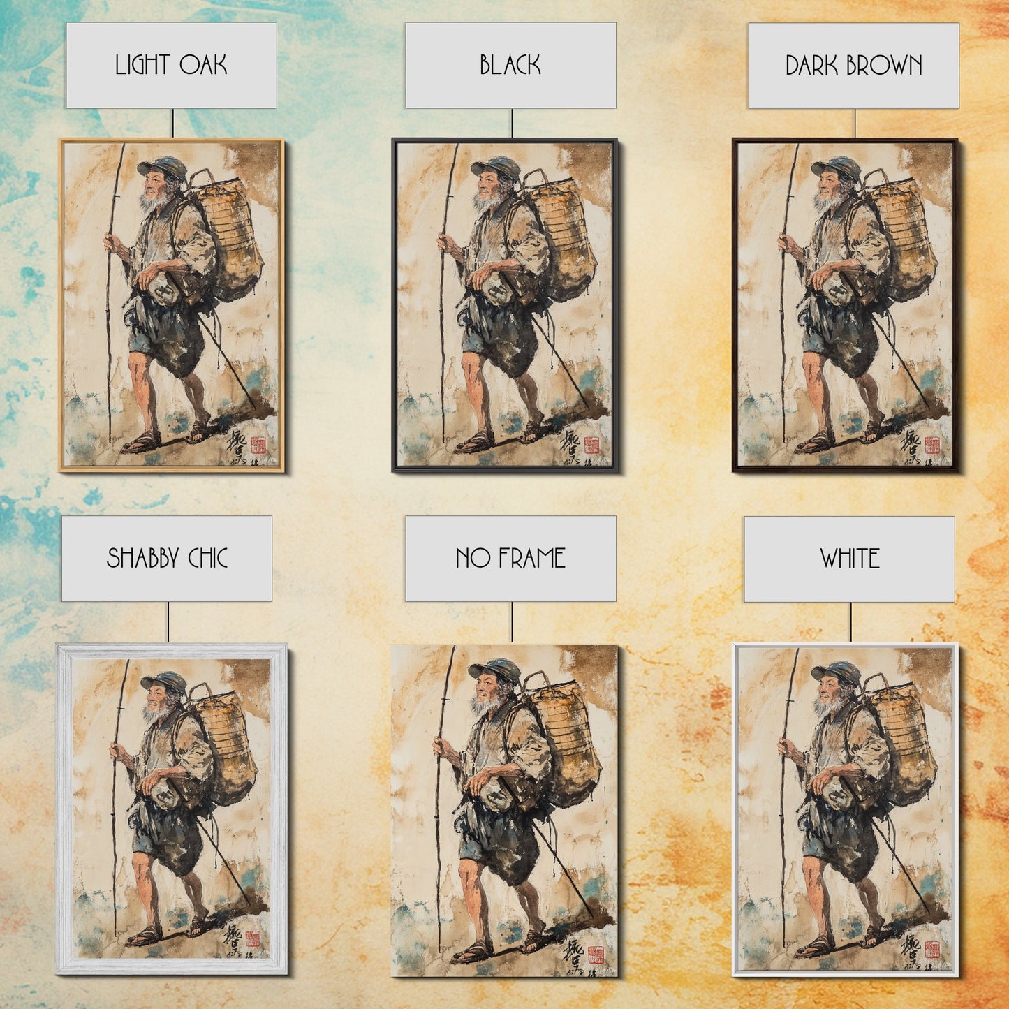 Japanese Fisherman Painting Print, Wabi Sabi Wall Art, Japanese Style Home Decor, Japanese Wood Block Print Style Art