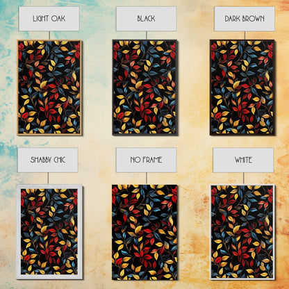 Botanical Fall Leaves Art Print On Canvas with Wood Frame, Black Background, Retro Style Home Decor