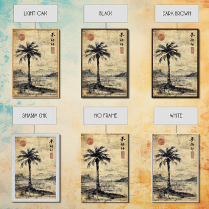 Wabi Sabi Palm Tree Coastal Art Nautical Decor, Framed Canvas Print, Japanese Style Artwork, Palm Tree Painting, Coastal Painting for Living Room