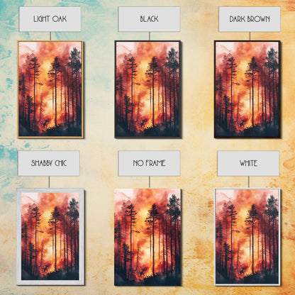 Ready to Hang Watercolor Painting Print of a Forest Fire, Beautiful Wall Art, Forest Fire Natural Disaster Wall Art, California Wall Art