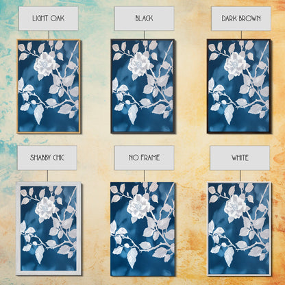 White Flowers on Blue Background Framed Canvas Print, Chinoiserie Wall Art, Boho Decor, Minimalist Wall Art, Boho Home Decor