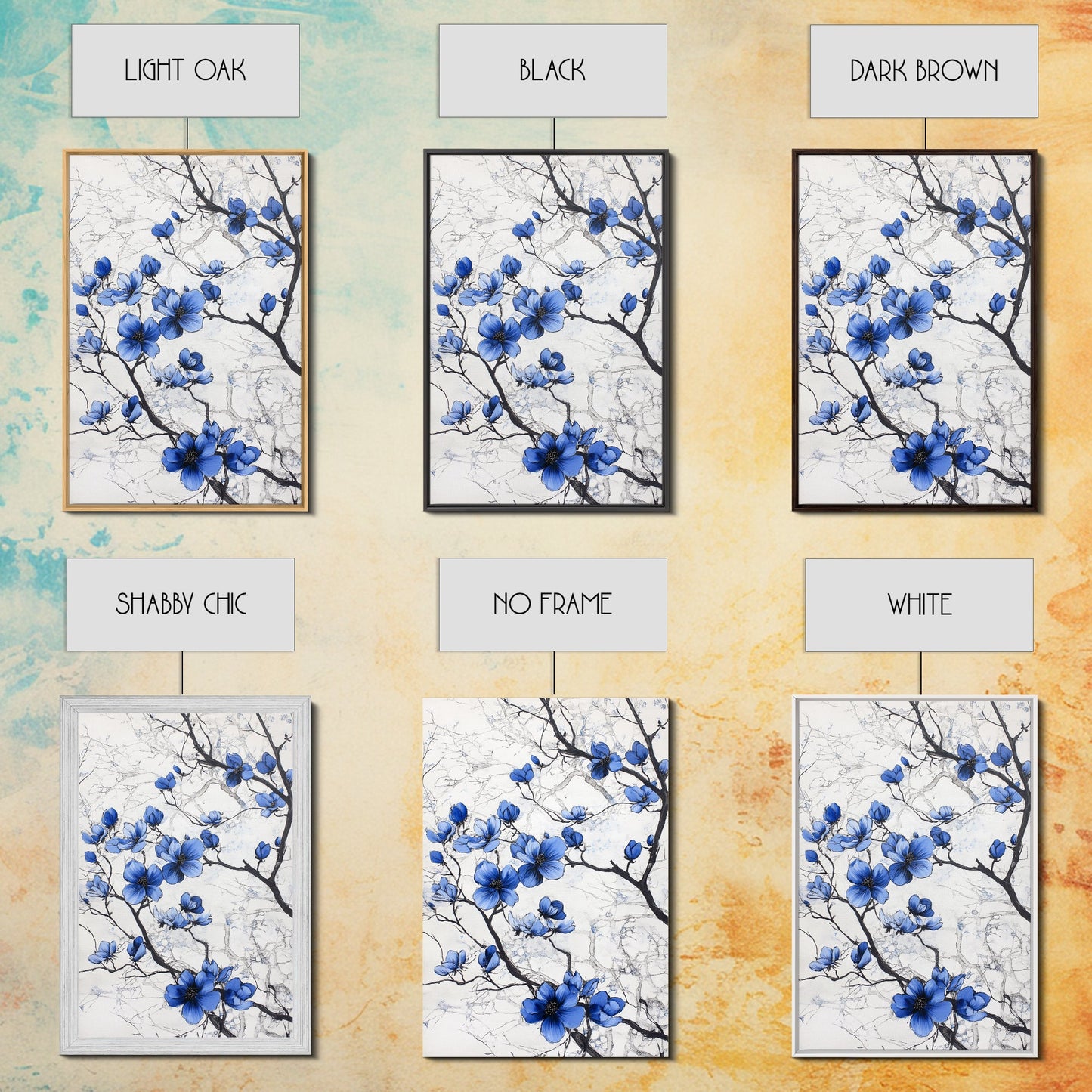 Wabi Sabi Wall Art Framed Canvas Print, Chinoiserie Wall Art, Chinoiserie Style Home Decor, Blue Flower Floral Print Wall Decor