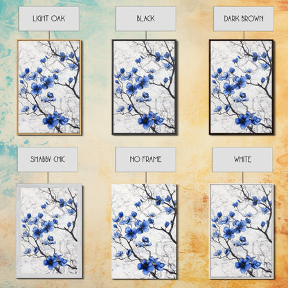 Wabi Sabi Wall Art Framed Canvas Print, Chinoiserie Wall Art, Chinoiserie Style Home Decor, Blue Flower Floral Print Wall Decor