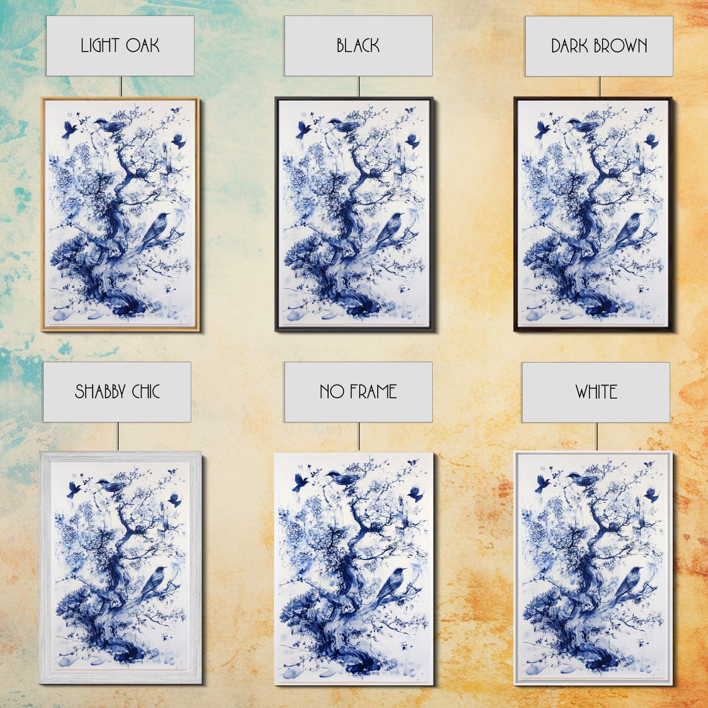 Chinoiserie Wall Art Framed Canvas Print, Blue Tree and Birds, Botanical Print, Birdwatcher Gift Idea, Chinoiserie Style Painting