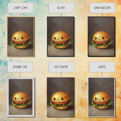 Kawaii Hamburger Canvas Print, Cute Hamburger Painting, Veggie Burger, Kawaii Wall Art, Kawaii Decor