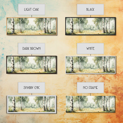 Silver Birch Trees in Spring Panoramic Canvas Print, Panoramic Painting, Aspen Trees Painting, Forest Landscape Horizontal Wall Art