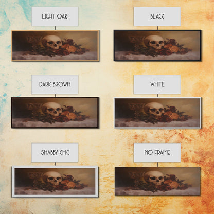 Skull and Flowers Canvas Print, Panoramic Goth Art, Extra Wide Wall Art, Goth Home Decor, Wide Art, Gothic Dark Academia Witchy Wall Art