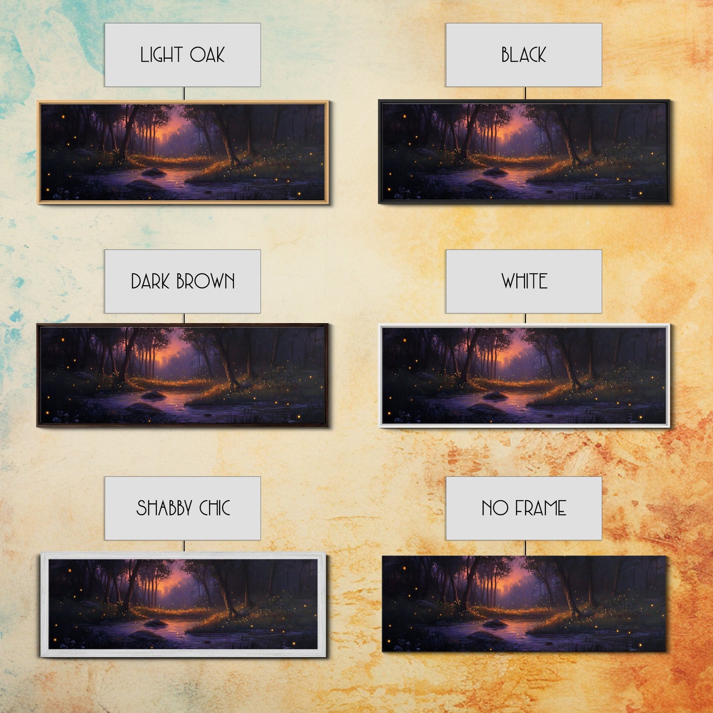 Panoramic Fantasy Forest Canvas Print, Fireflies Light Up The Night Sky in A Fantasy Forest,  Fantasy Painting