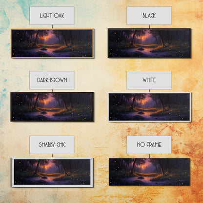 Panoramic Fantasy Forest Canvas Print, Fireflies Light Up The Night Sky in A Fantasy Forest,  Fantasy Painting