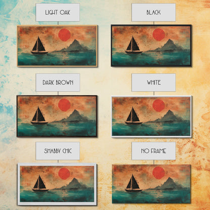 Wabi Sabi Wall Art, Japanese Sailboat Painting Print, Framed Canvas, Ocean Art, Beach House Decor, Bedroom Wall Art, Nautical Wall Art