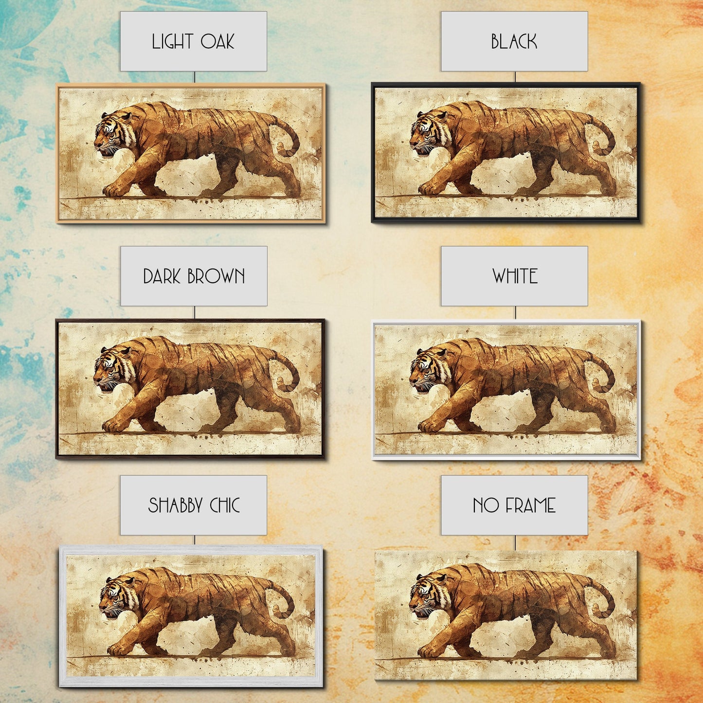 Tiger On The Hunt, Framed Canvas Print, Wabi Sabi Tiger Painting, Elegant Japanese Style Artwork