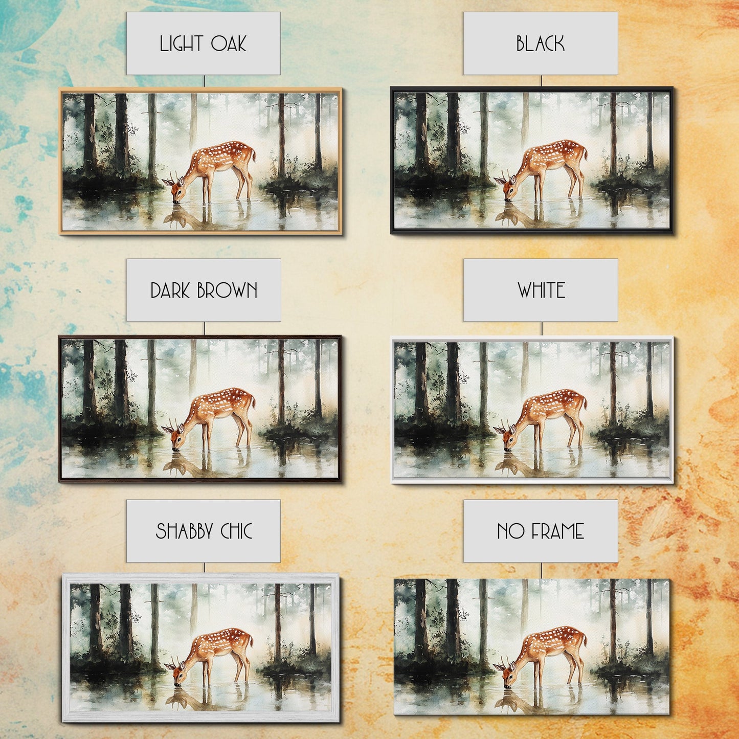 Rustic Farmhouse or Cabin Wall Art Painting of a Deer Drinking Water In The Forest, Minimalist Farmhouse Decor, Framed Canvas Print