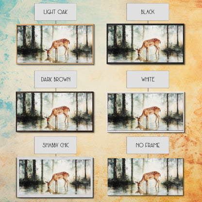Rustic Farmhouse or Cabin Wall Art Painting of a Deer Drinking Water In The Forest, Minimalist Farmhouse Decor, Framed Canvas Print