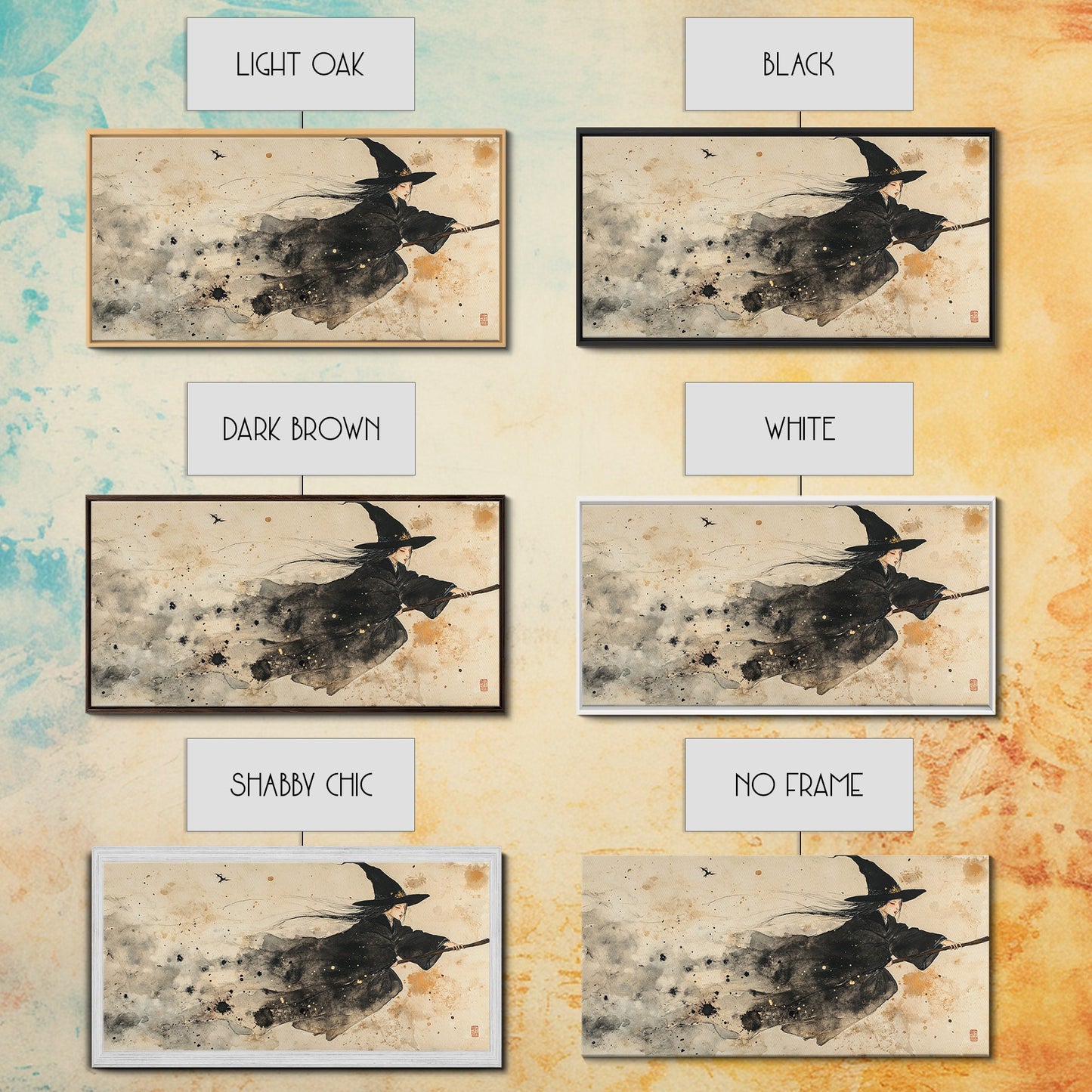 Wabi Sabi Witch Rides Her Broom - Framed Canvas Print - Witch Painting - Witchy Wall Art - Witch Decor