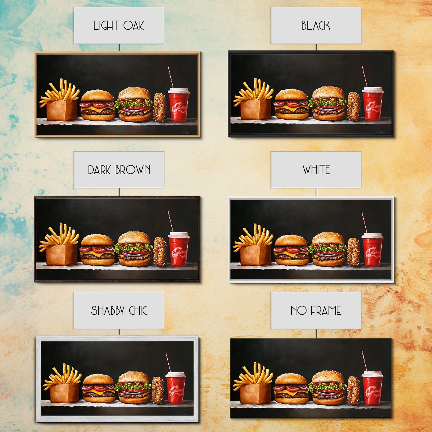 Burger and Fries Framed Canvas Print, Kitchen Canvas Art, Kitchen Wall Art, Burger Painting, Burger Art, Dining Room Wall Art