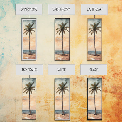 Framed Canvas Print Coastal Palm Tree Art, Sunset Beach Scene, Tropical Coastal Wall Art, Nautical Decor, Skinny Wall Art Gift Idea