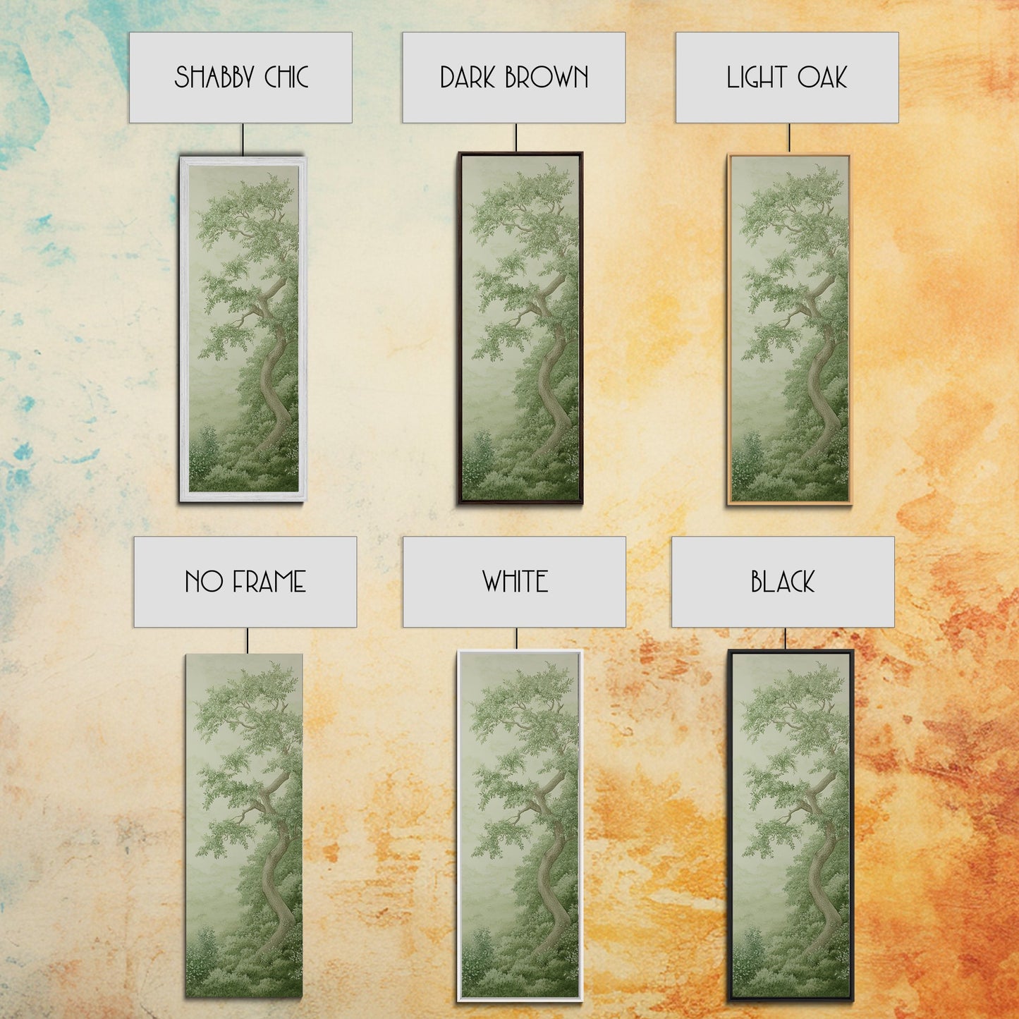 Misty Green Botanical Scene - Framed Canvas Print Showcasing Wabi Sabi Art Style with Tranquil Tree Landscape