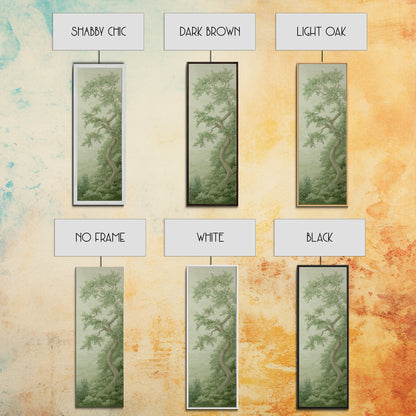 Misty Green Botanical Scene - Framed Canvas Print Showcasing Wabi Sabi Art Style with Tranquil Tree Landscape