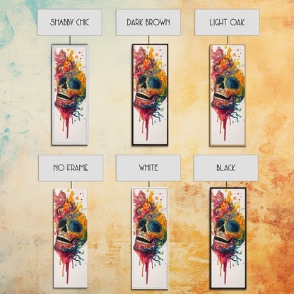 Sugar Skull Painting Print, Mexicano Wall Art, Framed Canvas, Tall Narrow Art, Skinny Accent Piece, Skull Painting, Skull Art, Chicano Art