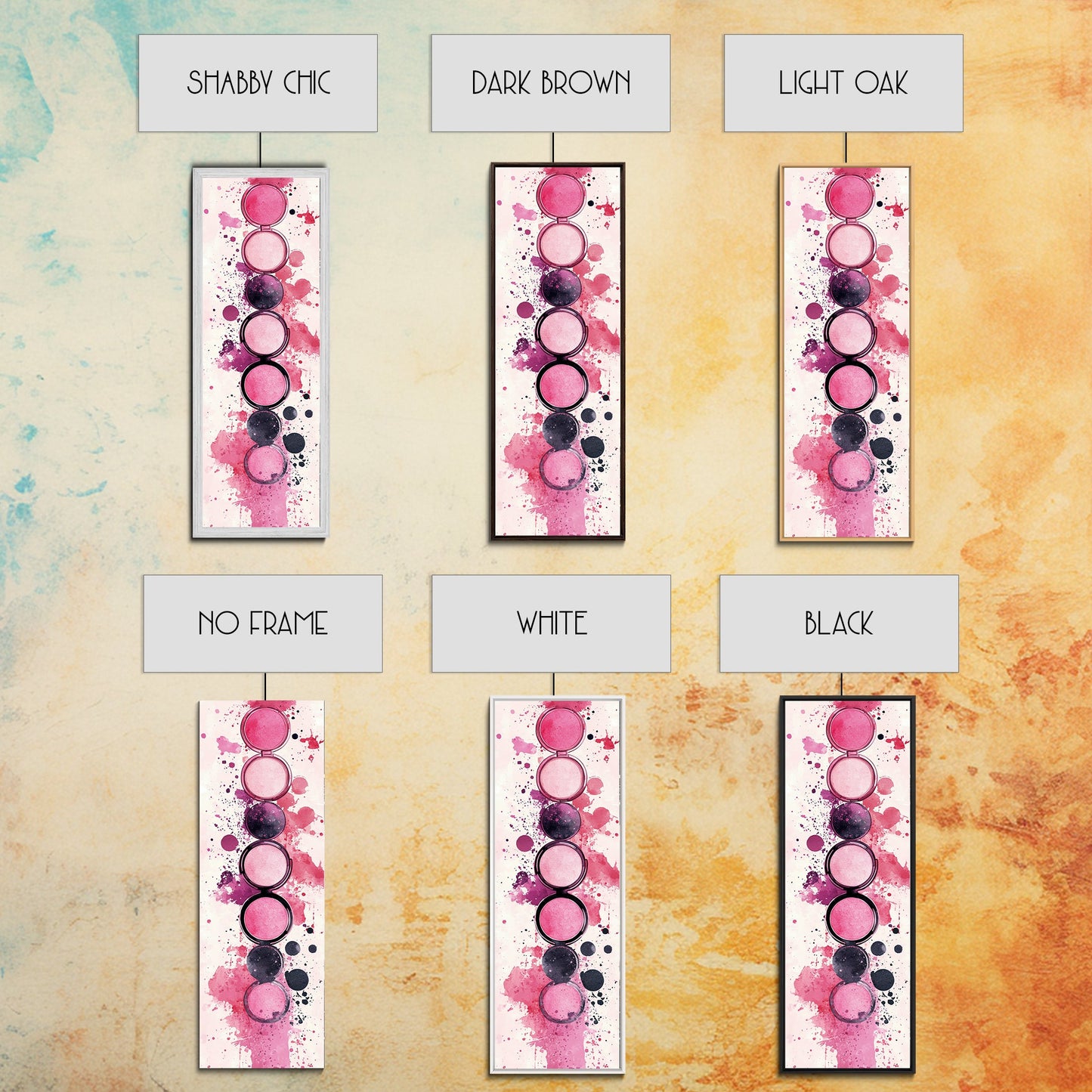 Makeup Palette Canvas Print, modern pink abstract art with splatter design, bold vertical wall art, unique wabi sabi minimalist print.