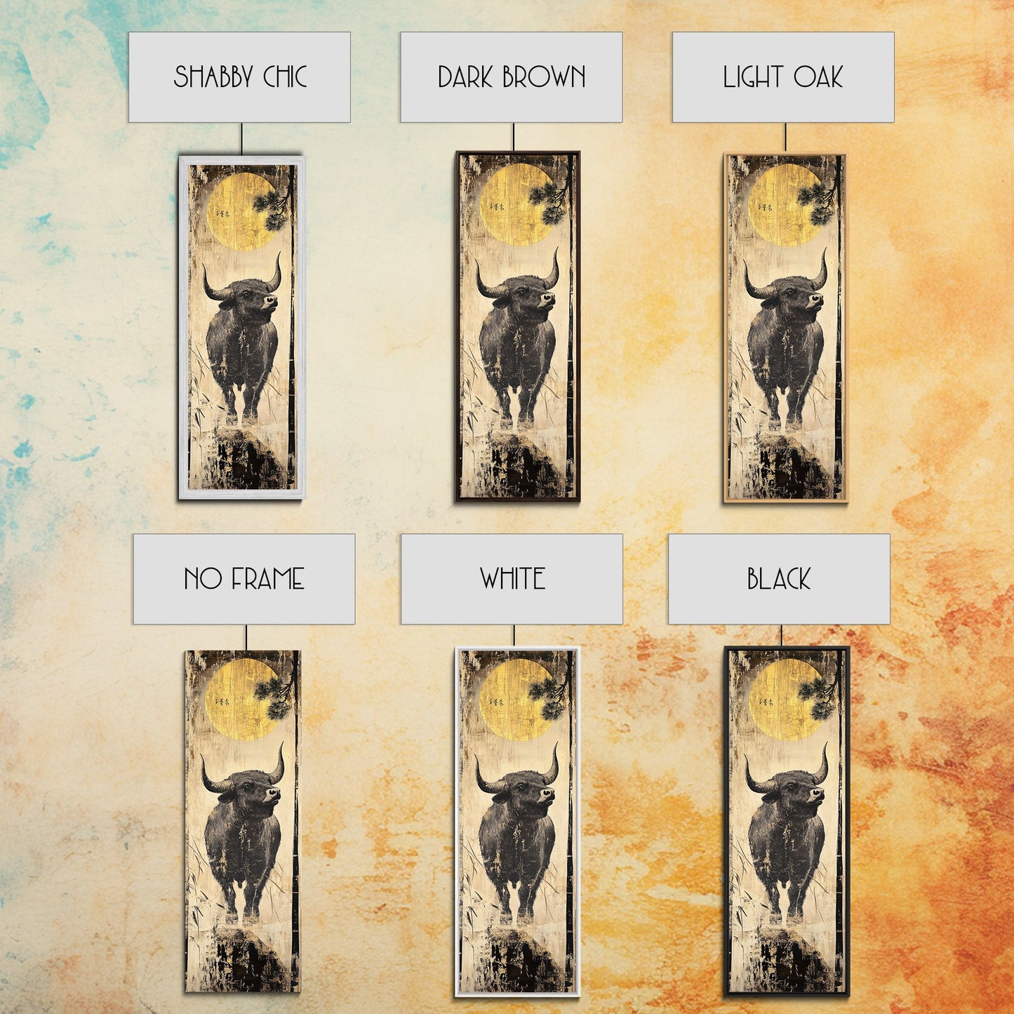 Modern Bull Artwork Framed Canvas Print, Rustic Animal Wall Art, Farmhouse Decor, Vertical Skinny Art, Pine Tree Moonlight Scene