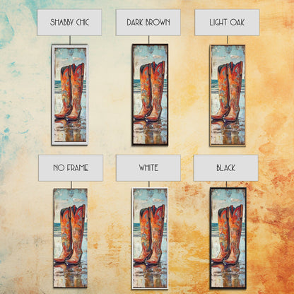Rustic Cowboy Boots Canvas Print, Coastal Cowgirl Wall Art, Farmhouse Rustic Decor, Western Style Vertical Skinny Artwork