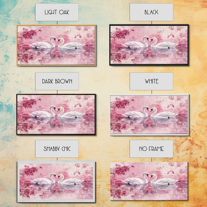 Swan Reflection Watercolor Framed Canvas Print, Romantic Wildlife Art, Cherry Blossom Wall Art, Rustic Farmhouse Decor, Bedroom Art