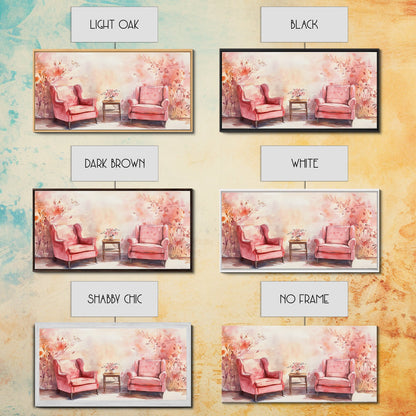 Cozy Pink Living Room Canvas Print with Chairs and Floral Decor, Perfect Rustic Wall Art for Fall or Above Couch Decor, Farmhouse Style