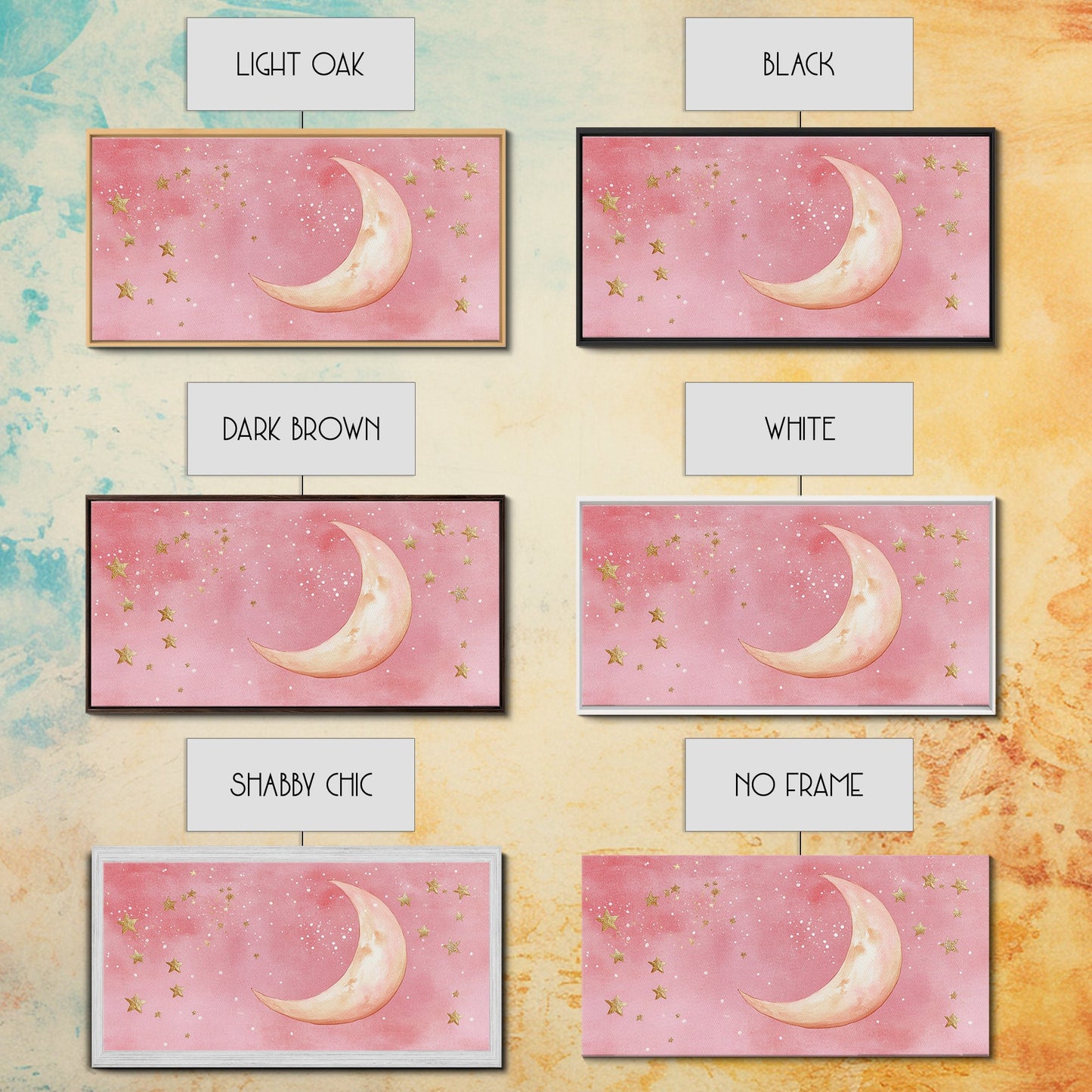 Golden Crescent Moon Canvas Print, Light Pink Wall Art, Whimsical Celestial Art, Bedroom or Dorm Decor, Christmas Gift Idea