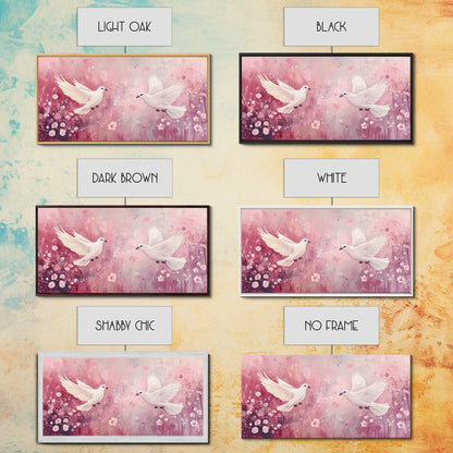 Romantic Doves Framed Canvas Print, Whimsical Pink and White Wall Art, Cherry Blossom Painting, Bedroom or Living Room Gift Idea