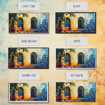 Sunlit Arched Window Framed Canvas Print - Rustic Moroccan Wall Art - Coastal Landscape Art - Farmhouse Decor Bedroom Art