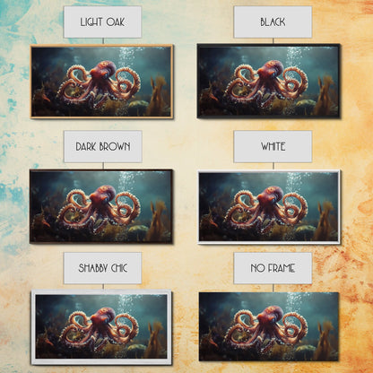 Vibrant Octopus Art Framed Canvas Print, Ocean Wildlife Wall Decor, Rustic Nautical Art, Marine Life Painting, Underwater Sea Art