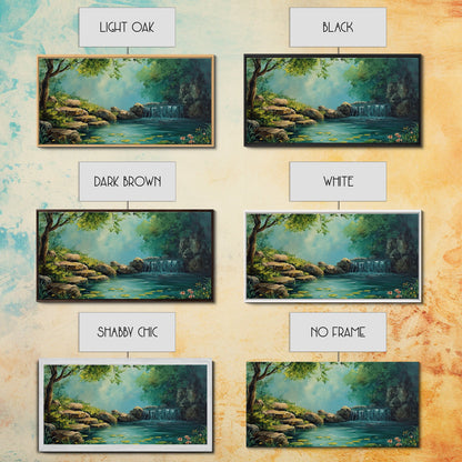 Ruhiges Wasserfall-Landschaftsbild, gerahmter Leinwanddruck, rustikale Wohnzimmerdekoration, friedliche Naturszene, Wandbild im Landhausstil
