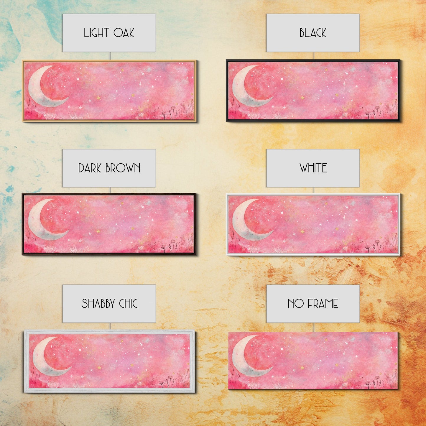 Crescent Moon Painting Canvas Print with Whimsical Starry Sky, Pink Wall Art for Living Room or Guest Room, Dreamy Decor