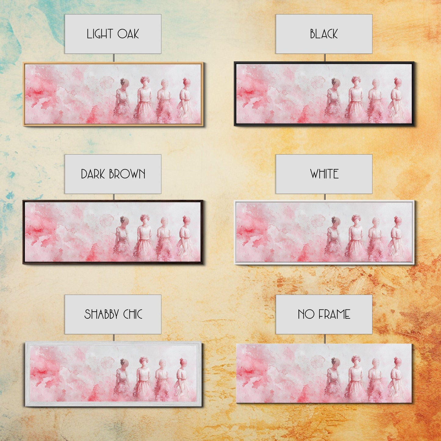 Four Women Canvas Print in Pink Abstract Art Style, Feminine Whimsical Aesthetic, Minimalist Living Room or Guest Room Horizontal Art